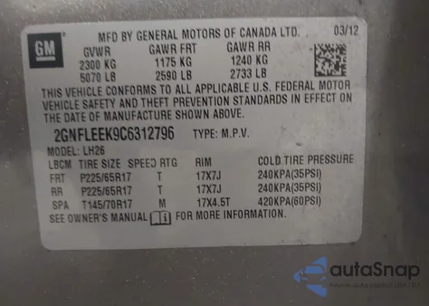 2012 Chevrolet Equinox 1Lt из США, поврежденный, VIN 2GNFLEEK9C6312796